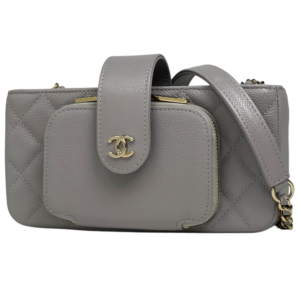 Chanel CHANEL Shoulder Bag Coco Mark Matelassé Phone Case Caviar Skin Gray AP...